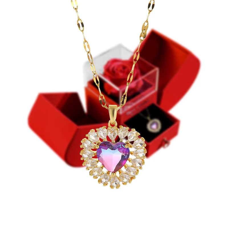 Gift for Women Eternal Rose Gift Box /W Heart Shiny Diamond Necklace Pendant Jewelry Box Set for Wedding Birthday Gift