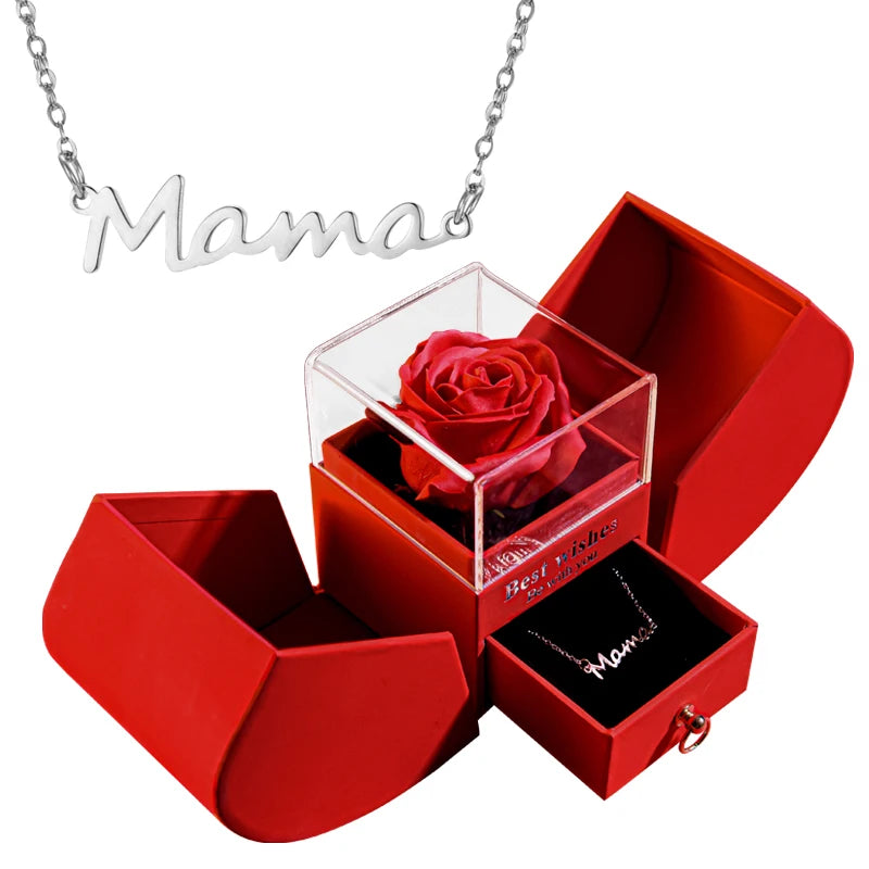 Gift for Women Eternal Rose Gift Box /W Heart Shiny Diamond Necklace Pendant Jewelry Box Set for Wedding Birthday Gift