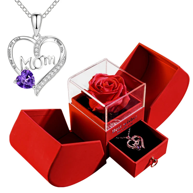 Gift for Women Eternal Rose Gift Box /W Heart Necklace I Love You to the Moon and Back Flower Jewelry Box for Valentine Wedding